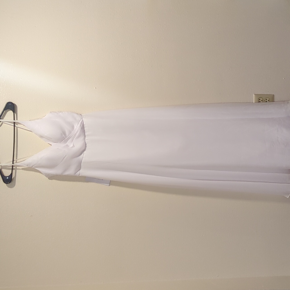 Azazie white thana floor length surplice neckline lace detail chiffon dress